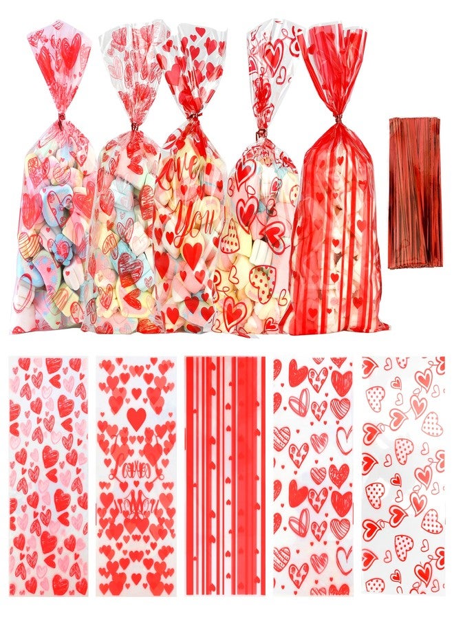 BOEIAC Valentine Treat Bags, 100 Pcs Valentines Cellophane Bags, Plastic Clear Red Valentine Candy Cookie Gift Goodie Snack Bag with 100 Pcs Twist Ties for Valentines Wedding Party Favor Supplies, 5 Styles - Image 1